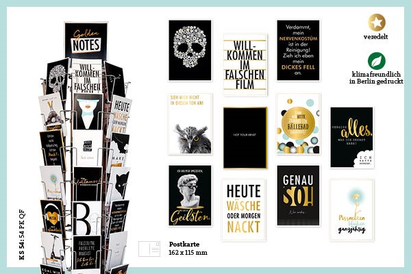 Moderne Postkarten in Schwarz-Weiß-Gold und Kartenständer