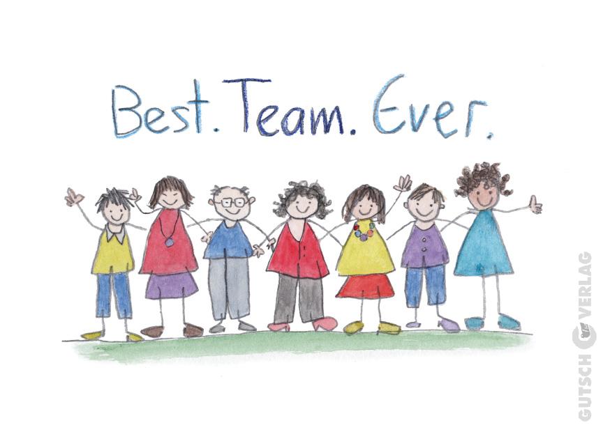 Eine vielfältige Gruppe von acht Zeichentrickfiguren, die Teamarbeit mit dem Satz „Beste“ feiern. Team. Immer.'