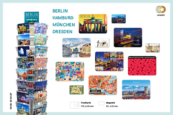 Ansichtskarten von Städten Berlin, Hamburg, Dresden und München und Kartenständer mit den Karten