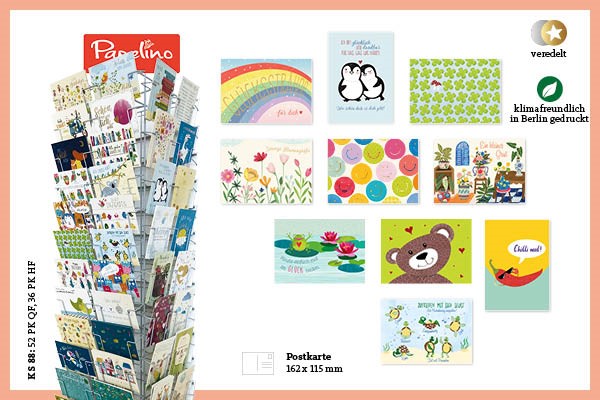 Bunte Postkarten mit hübschen Illustrationen, liebevollen Texten und goldenen Veredelungen