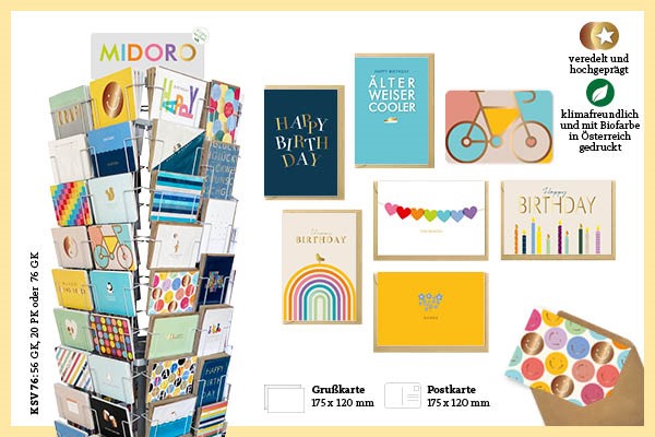 Bunte Gruß- und Postkarten in grafischem Design und Kartenständer