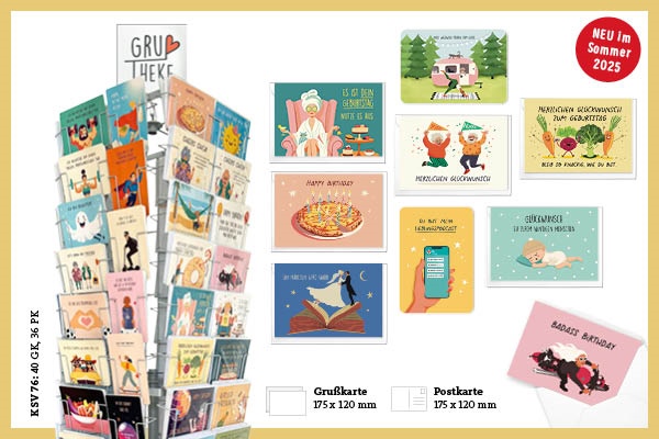 Moderne Gruß- und Postkarten mit farbenfrohen und witzigen Illustrationen und Kartenständer